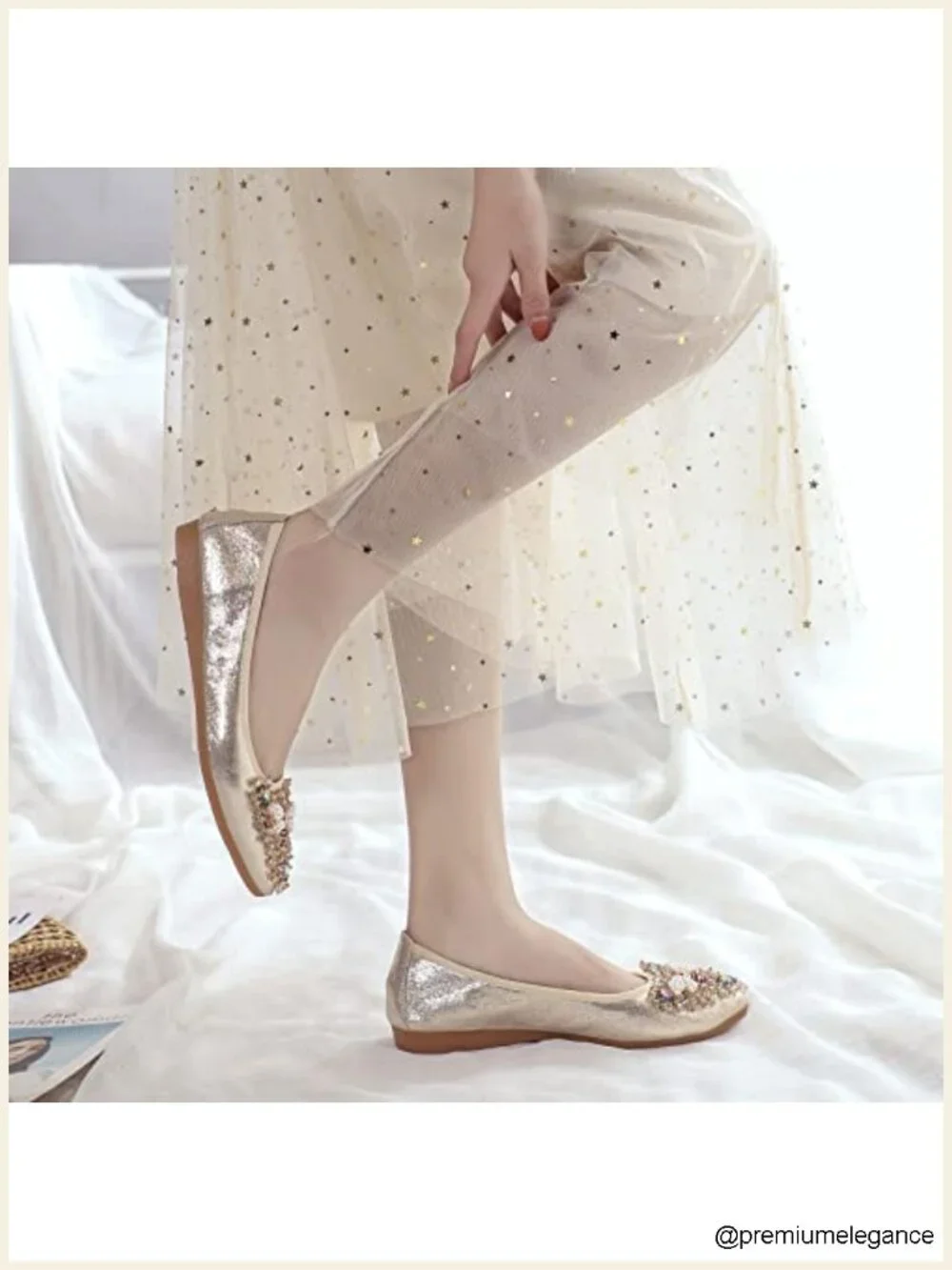 Women's Rhinestone Ballet Flats Foldable Sparkly Slip On Wedding Shoes Leather